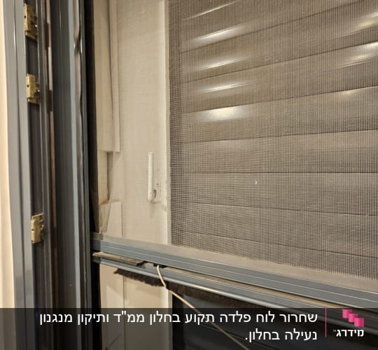 תריסים אפורים עם רשת הגנה על חלון פתוח